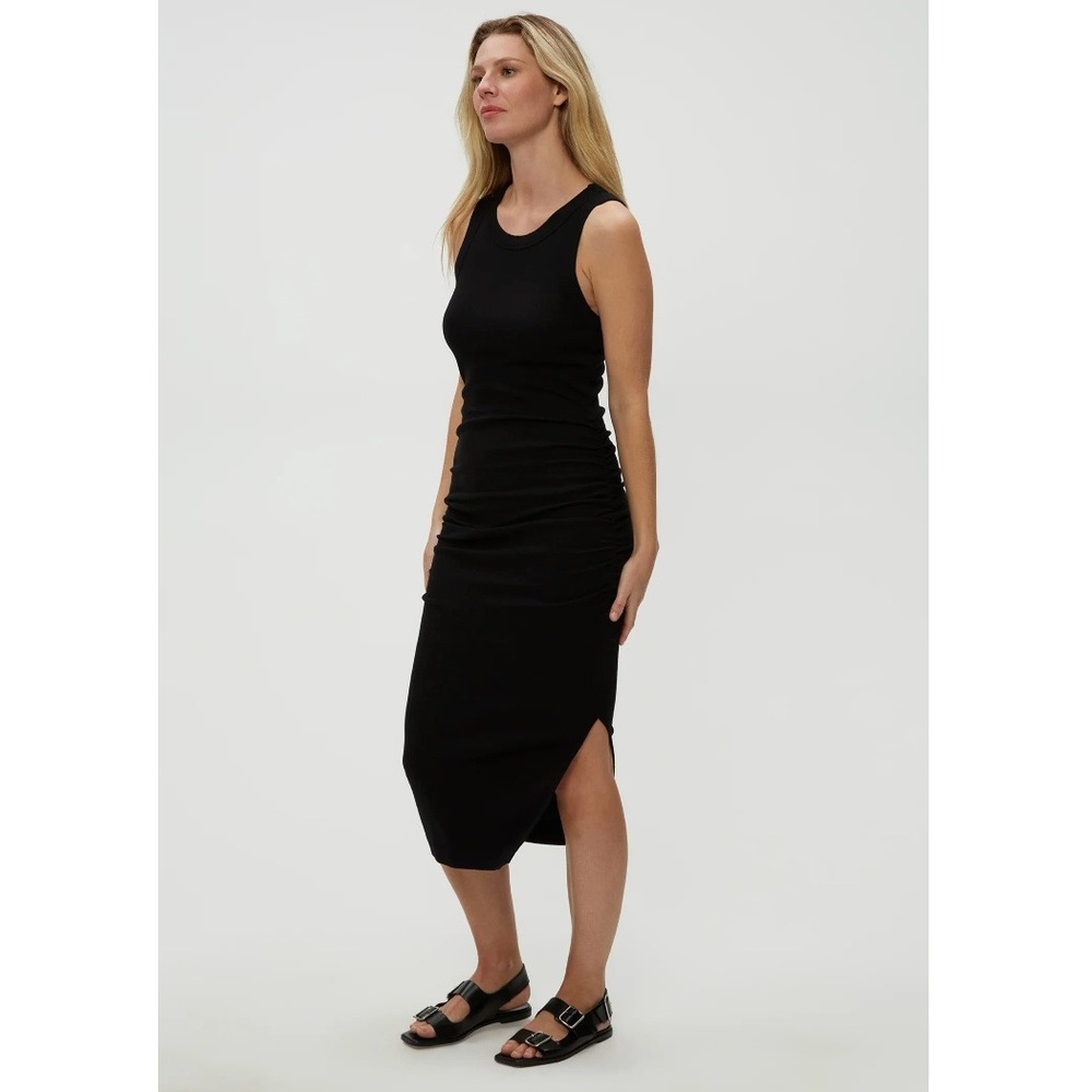 Michael Stars Wren Midi Dress L Black Ribbed Ruched minimalist wardrobe staple